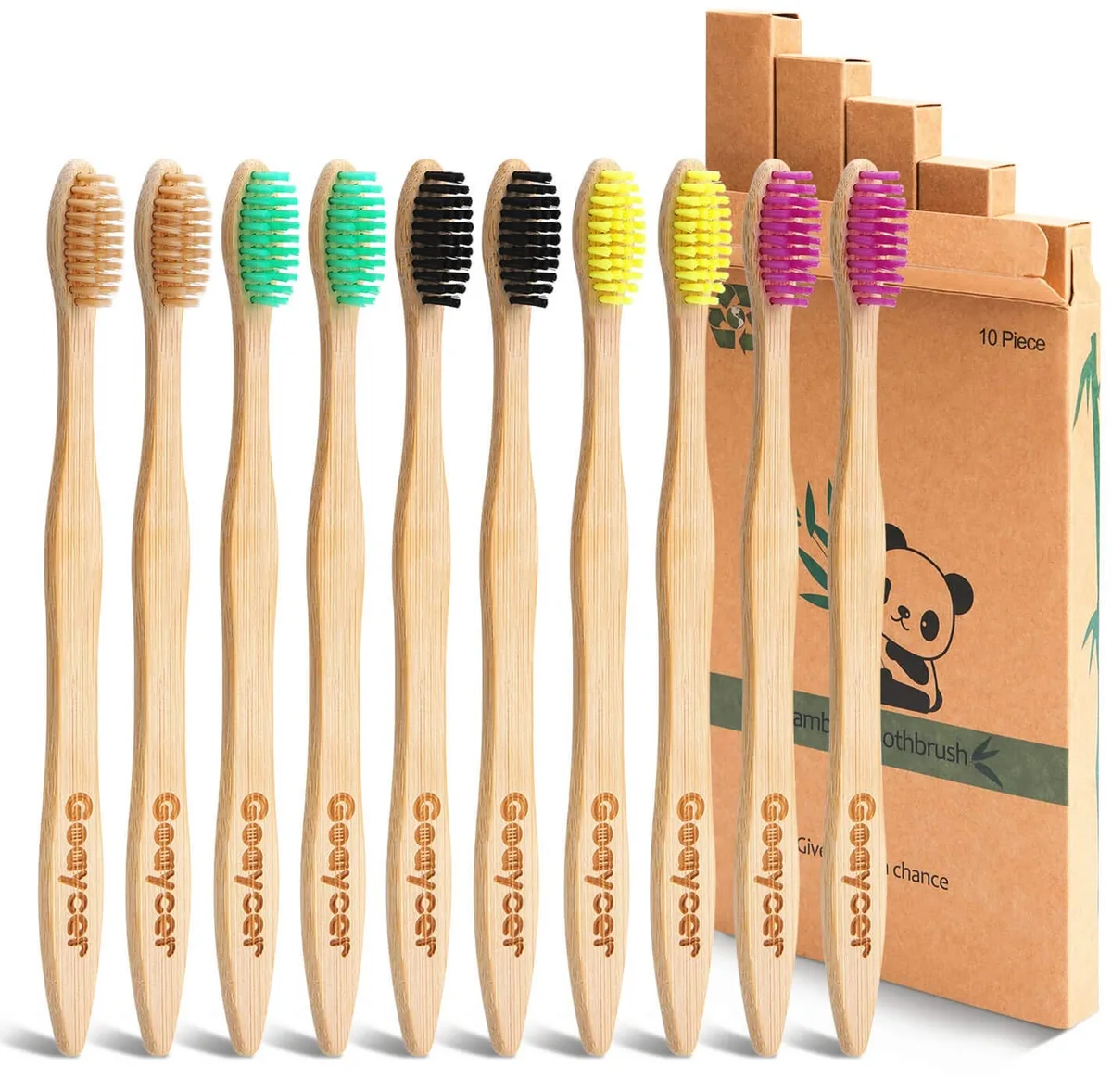 Ten bamboo toothbrushes in five colours, medium bristles, biodegradable handles