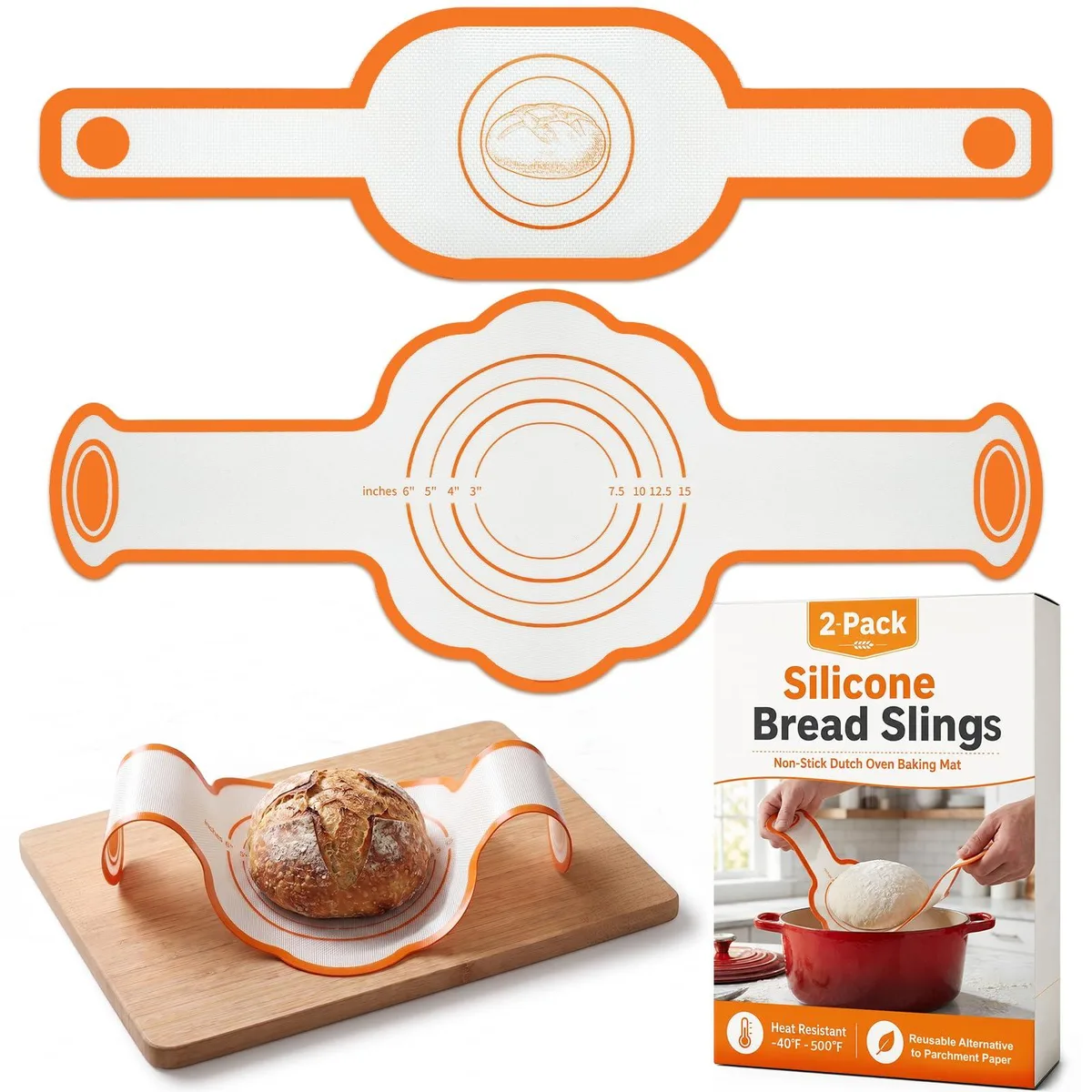 Two orange silicone bread slings flower and oval shapes with long handles
