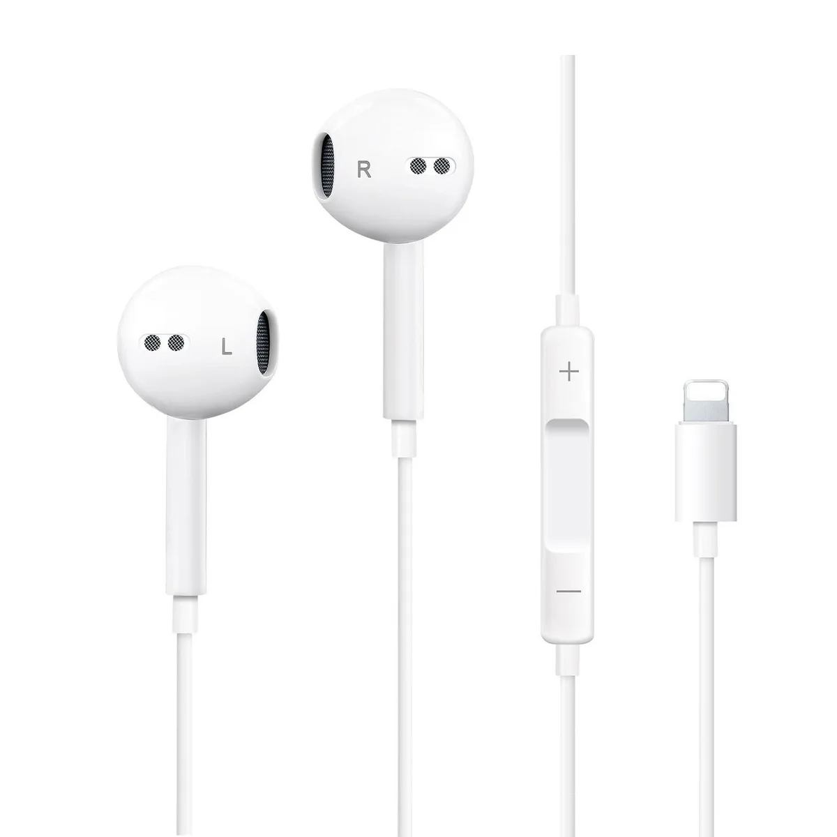 White single in-ear earbud with Lightning plug and inline remote
