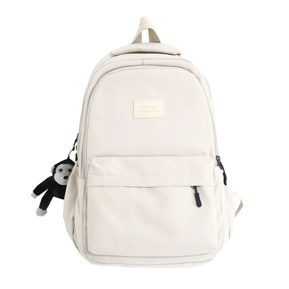 White nylon backpack, rectangular shape, padded shoulder straps, zippered front and side pockets
