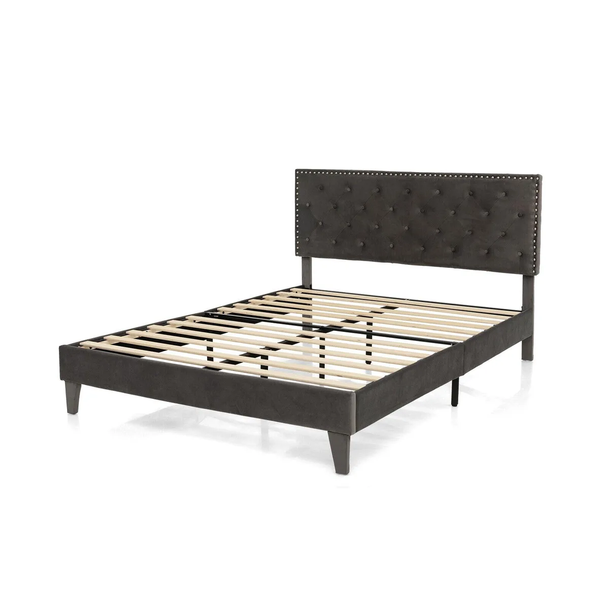 Gray velvet-upholstered queen platform bed with tufted headboard and low-profile frame
