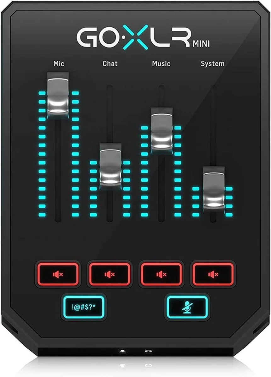 Compact black desktop audio mixer with four faders and rotary knobs