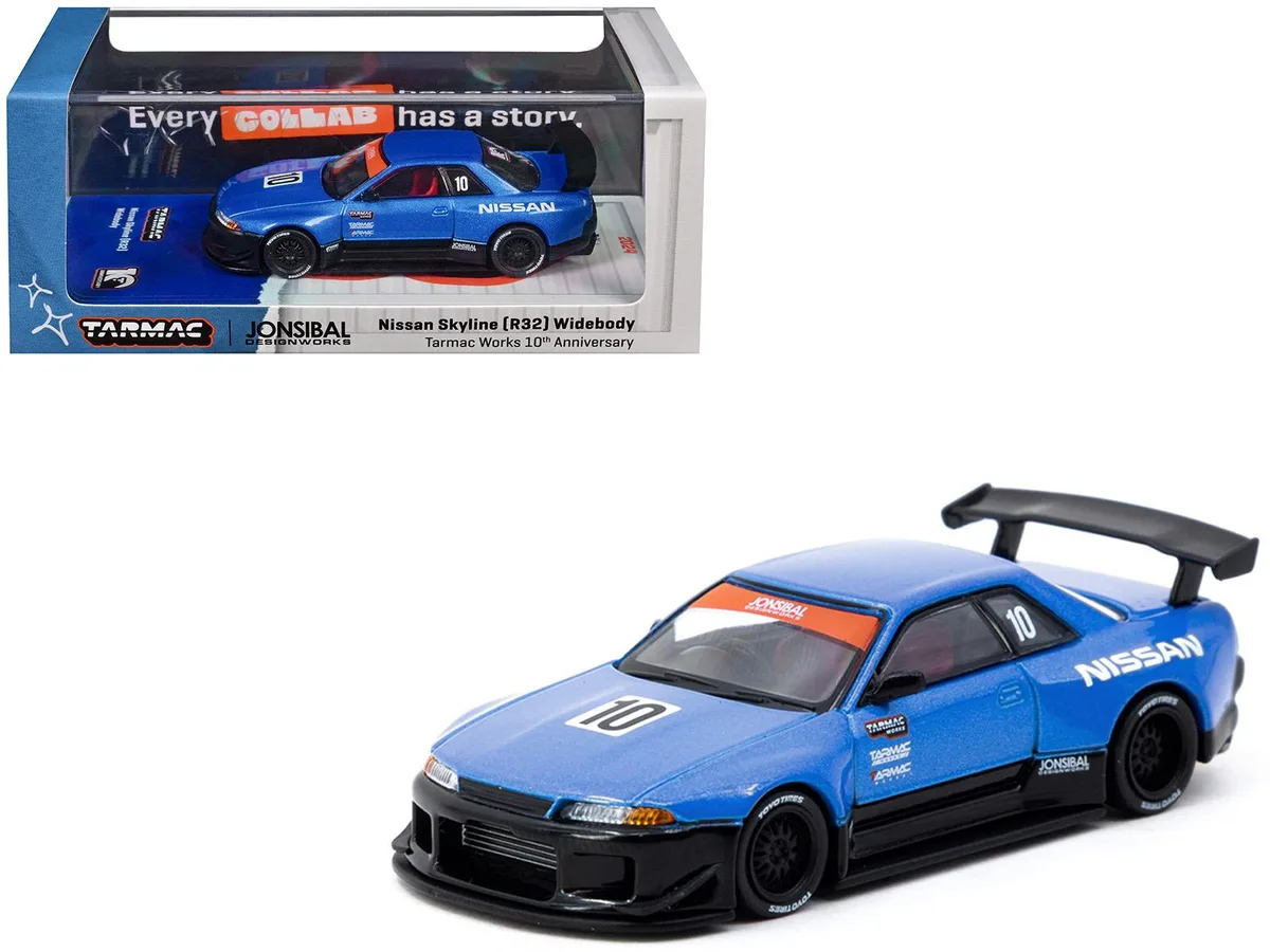 Tarmac Works Tarmac Works Nissan Skyline R32 Widebody RHD #10 10th Anniversary Blue Metallic 1/64 Diecast hobby collectible — product photo