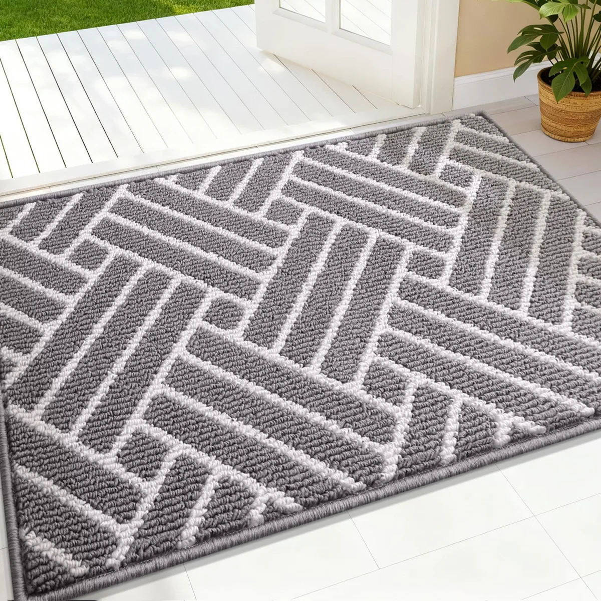Grey geometric-patterned indoor door mat 32 by 20 inches low-profile rubber backing