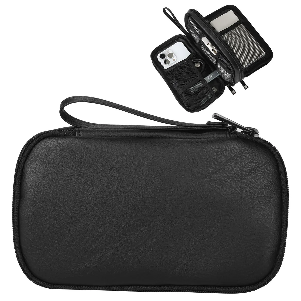 Small black rectangular travel pouch with zipper and hand strap, waterproof PU leather finish, double-layer interior with mesh pockets