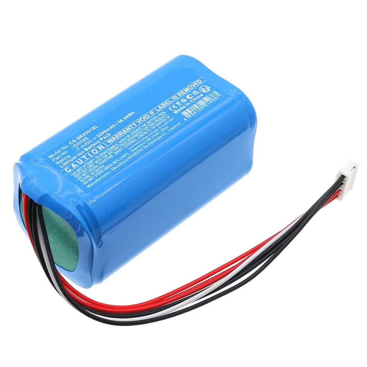 Rectangular lithium-polymer battery pack, black plastic casing, connector on one end
