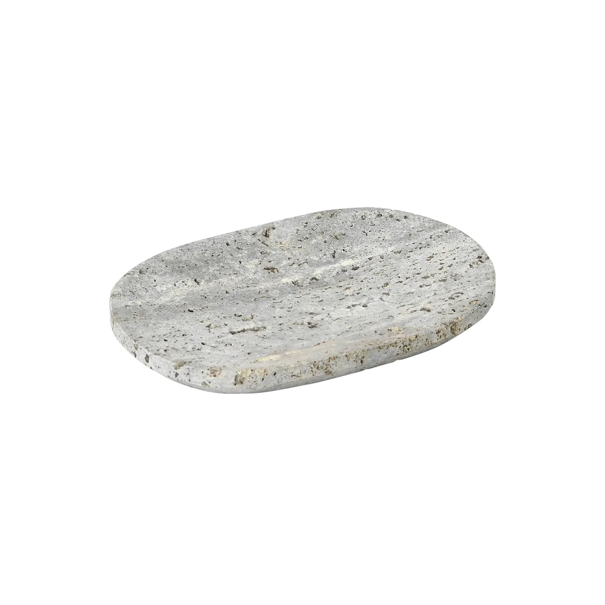 Rectangular grey travertine soap dish, six by four by point five inches