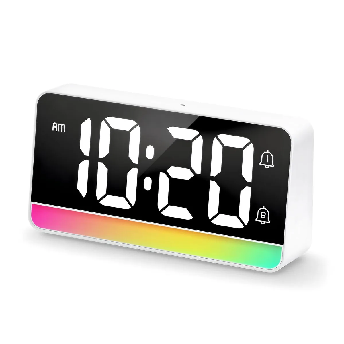 White rectangular digital alarm clock with large LED display and RGB mood light base