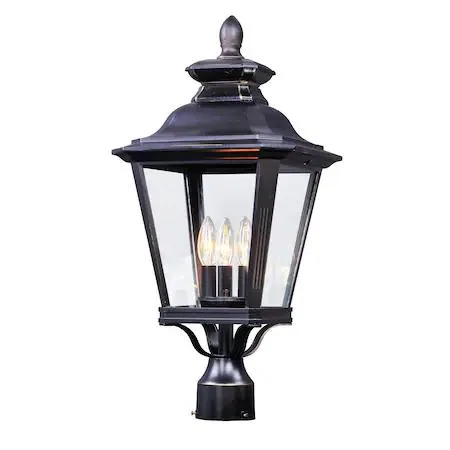 Bronze outdoor pole lantern with three clear glass panels and traditional lantern silhouette