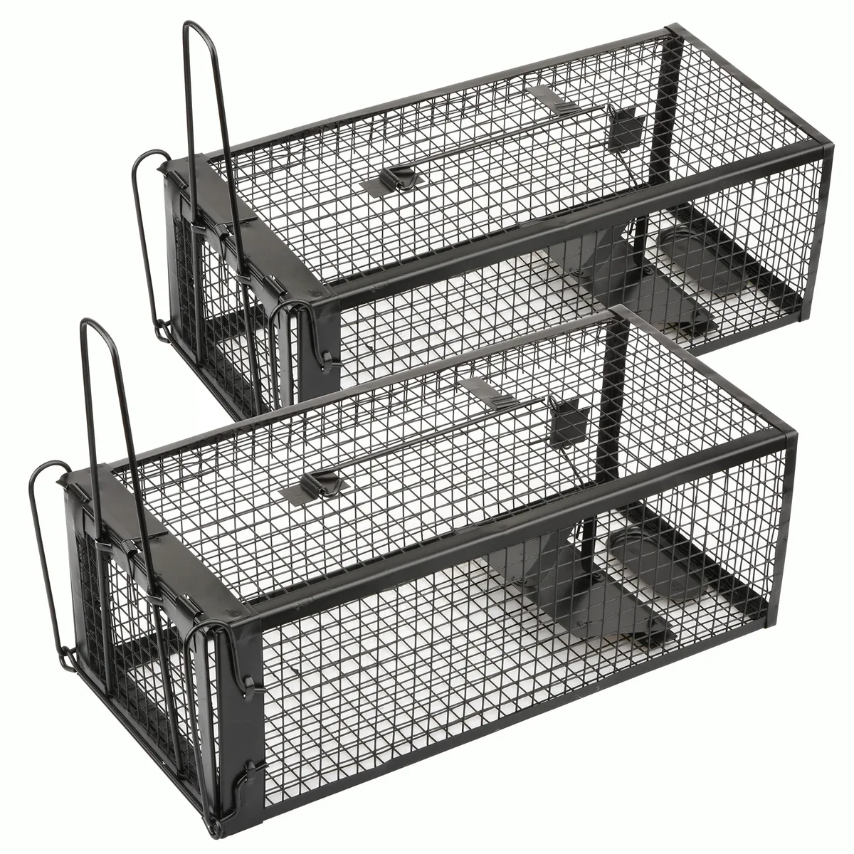 Two black wire cage traps rectangular with spring doors