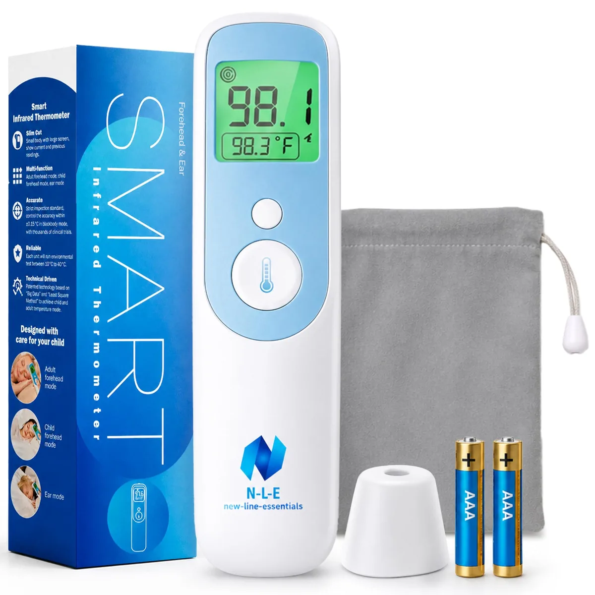 White and blue handheld thermometer with magnetic cap removed showing ear probe