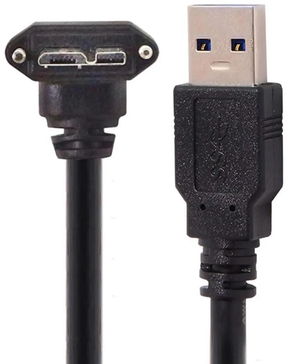 Blue USB 3.0 cable with 90 degree up angled Micro B plug and panel mount screws, 3.0M length