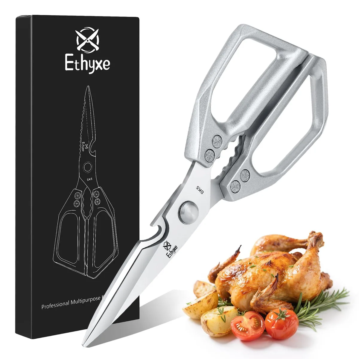 Silver stainless steel kitchen scissors with ergonomic handles