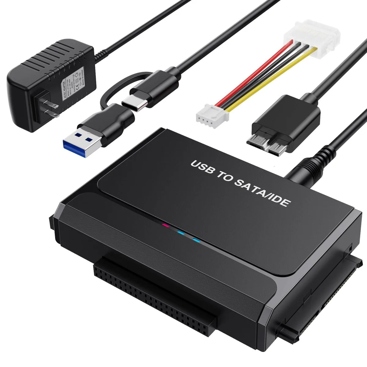 Black rectangular adapter with USB-A, USB-C, SATA and dual IDE connectors, matte finish, 12V power supply included