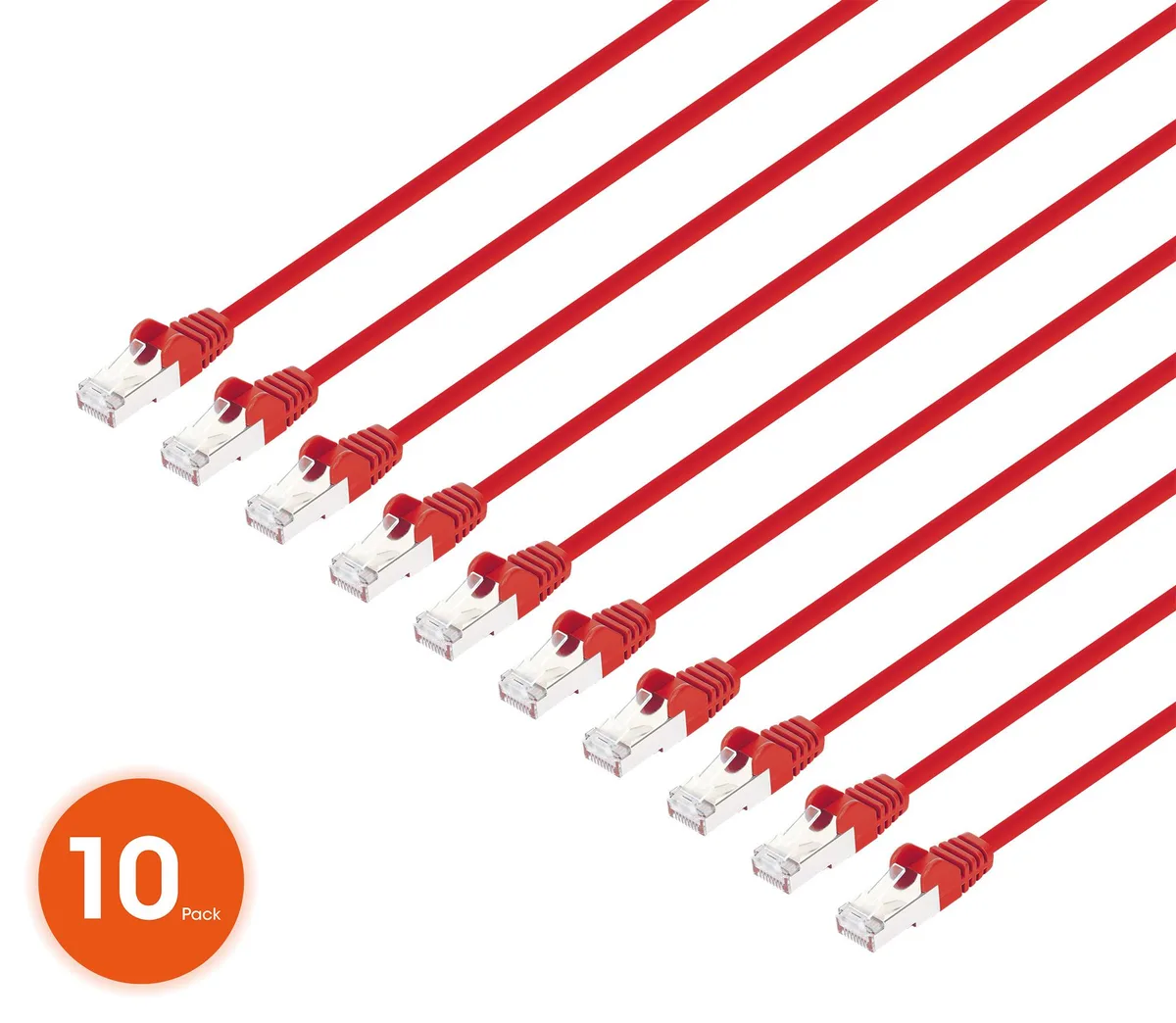 Ten slim red Cat8.1 Ethernet cables with gold RJ45 connectors