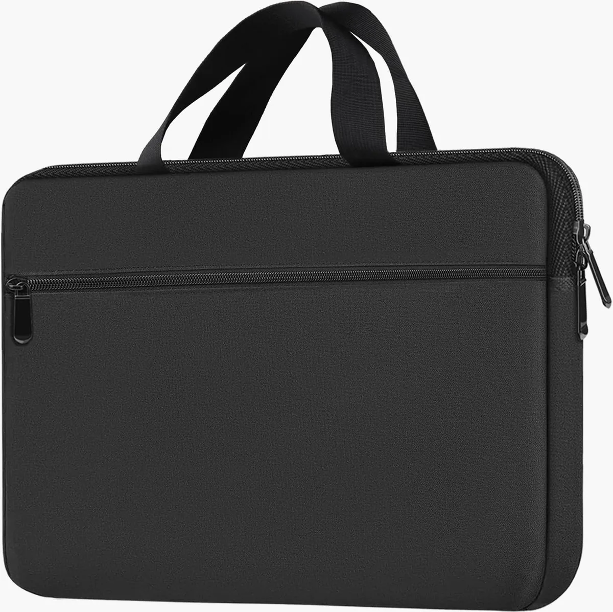 Black soft nylon 15.6 inch laptop bag with external pocket and padded strap