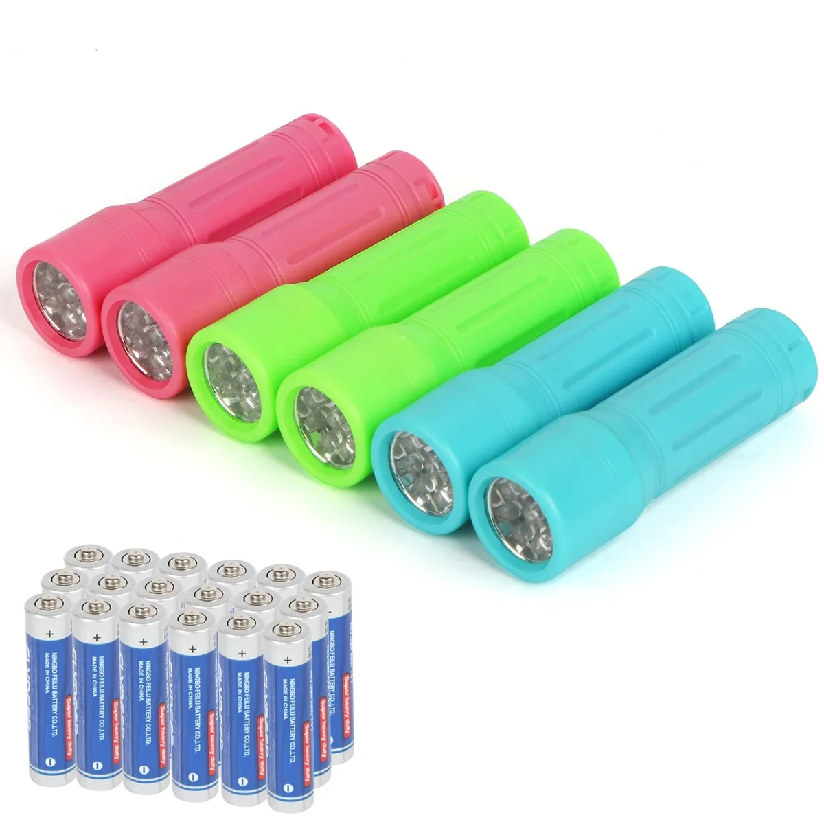 Six small cylindrical flashlights in assorted colours, each with a lanyard, shown with AAA batteries