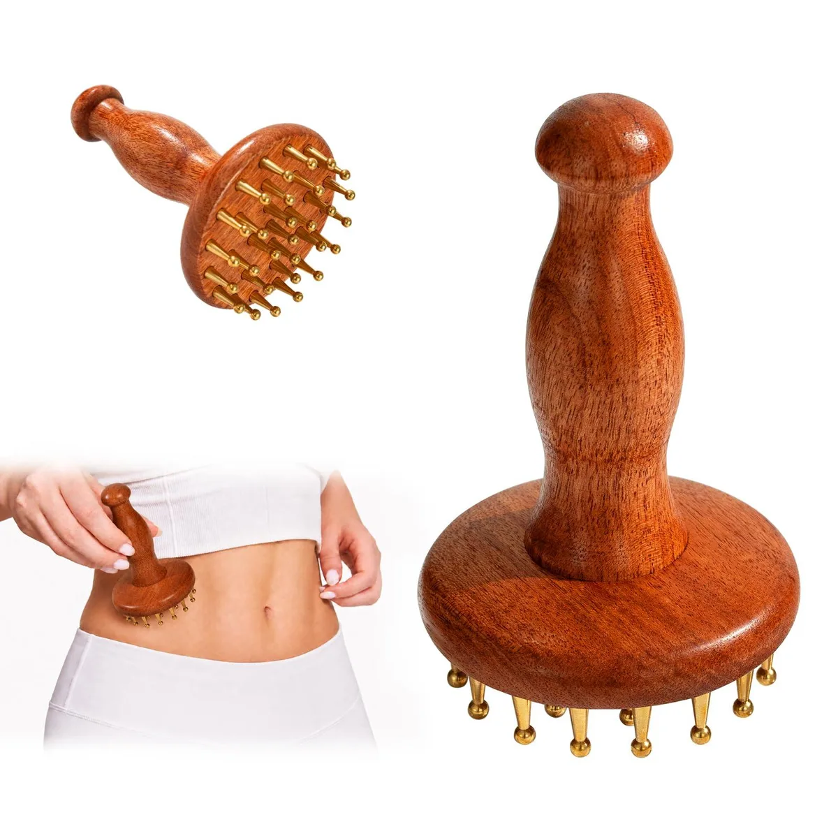 Brown wooden handle with 29 brass teeth, 230g handheld massager