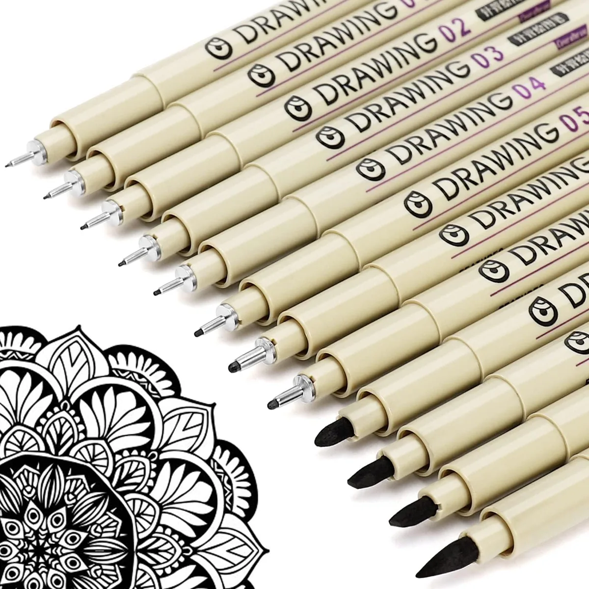  Muchcute Micro Fineliner Drawing Pens 12 Black Tip Sizes 0.2mm-3.0mm Brush ZGB-PP — product photo