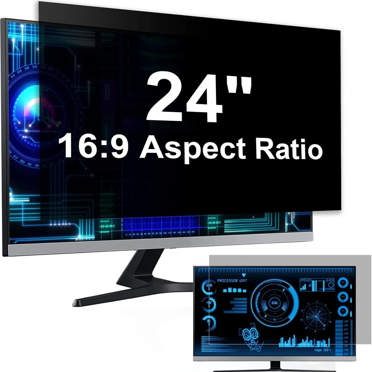 Two 24-inch privacy screen filters for 16:9 monitors, matte and glossy reversible finish, slide-mount tabs and adhesive strips included