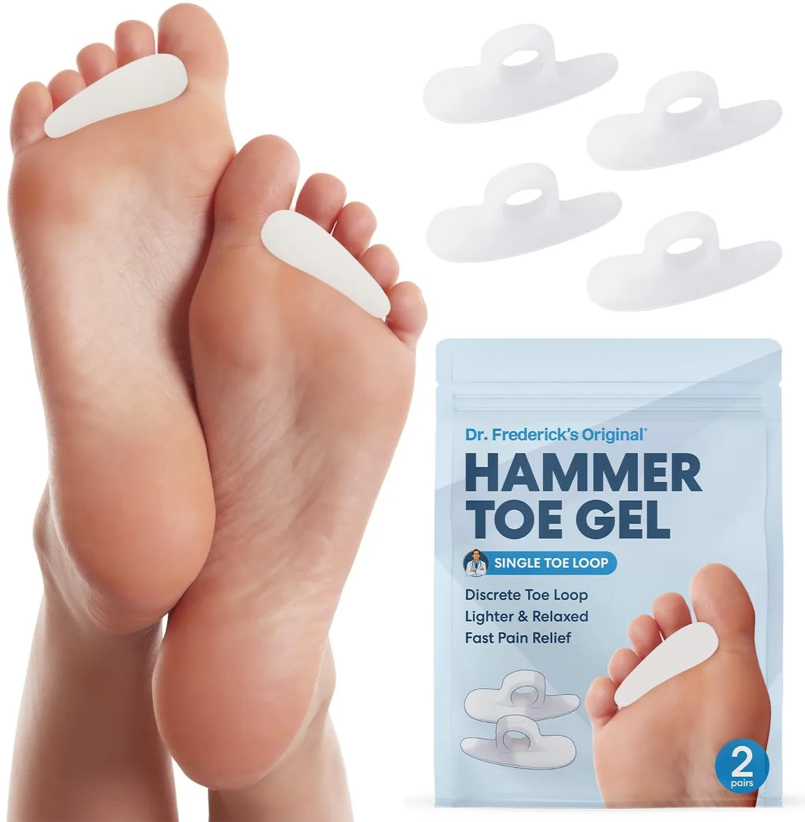 Two pairs of white gel toe loops, soft and flexible, shown on a plain background
