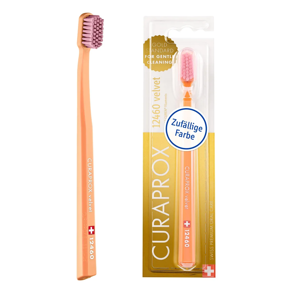 A manual toothbrush with an octagonal handle, angled compact head and densely packed soft filaments in a random colour