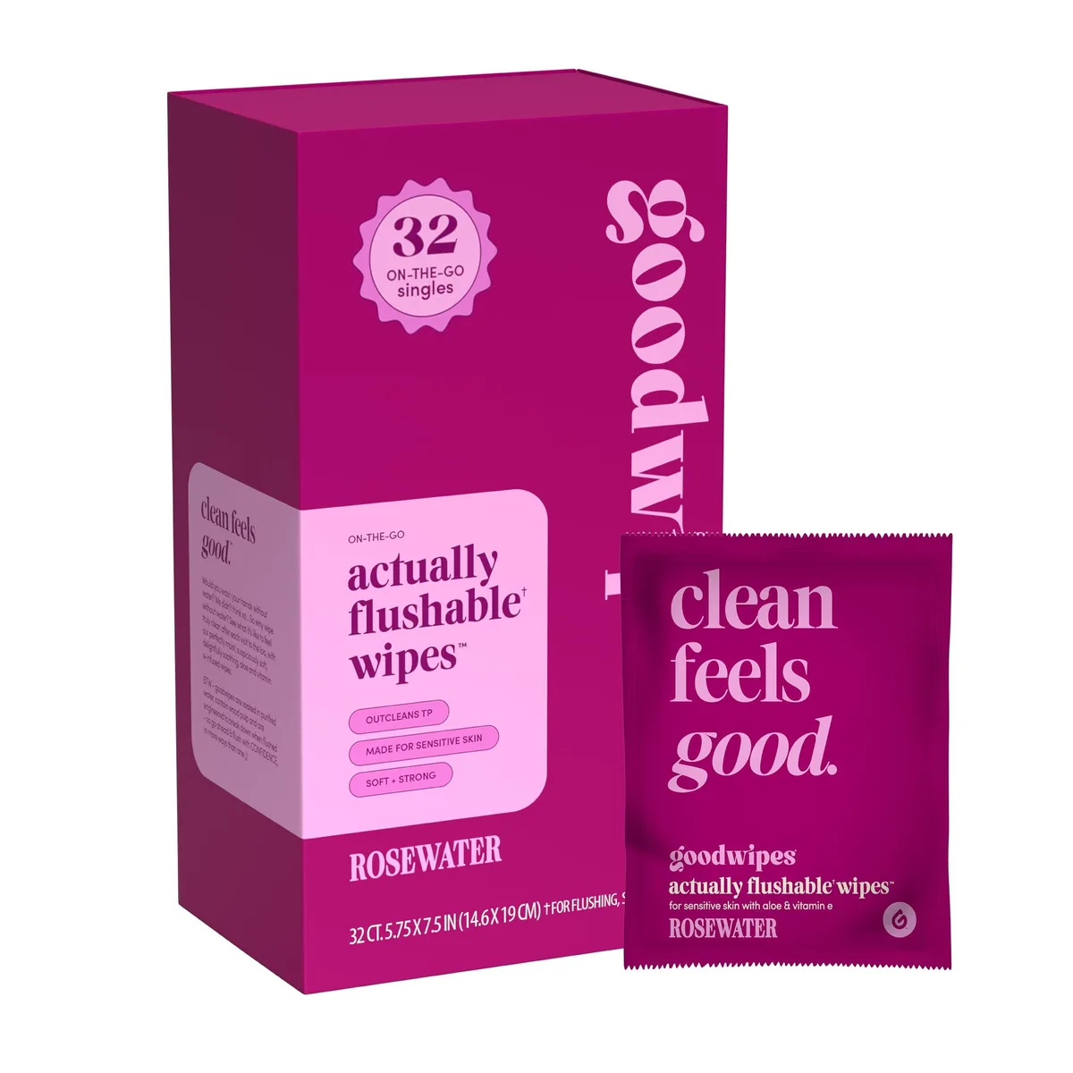 A compact white box containing 32 individually wrapped rosewater flushable wipes