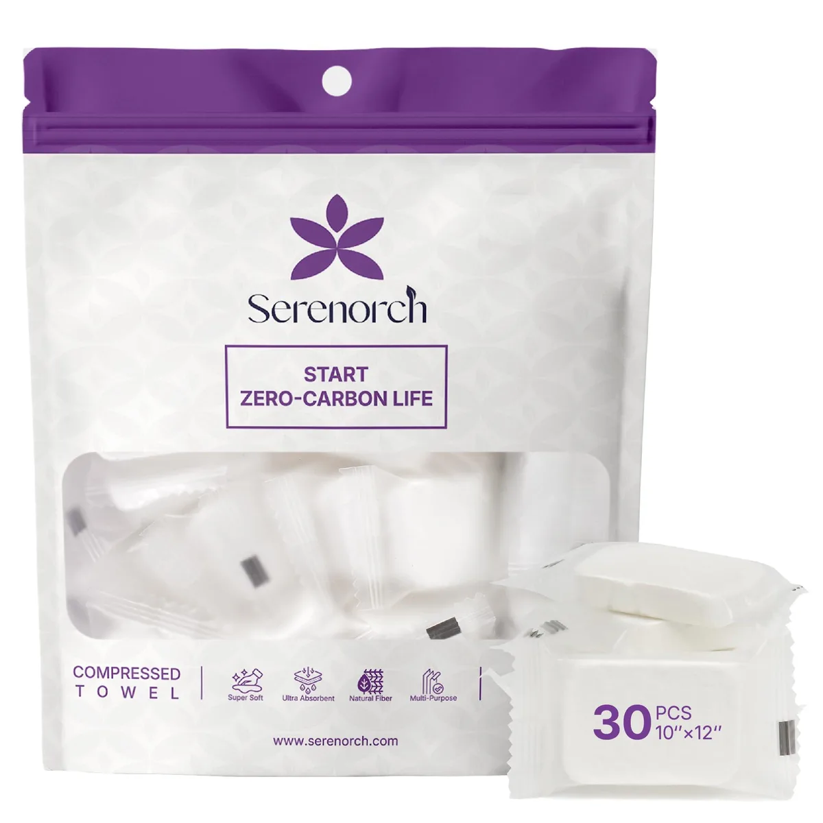 White coin-sized compressed towel tablets in packaging, 30 count