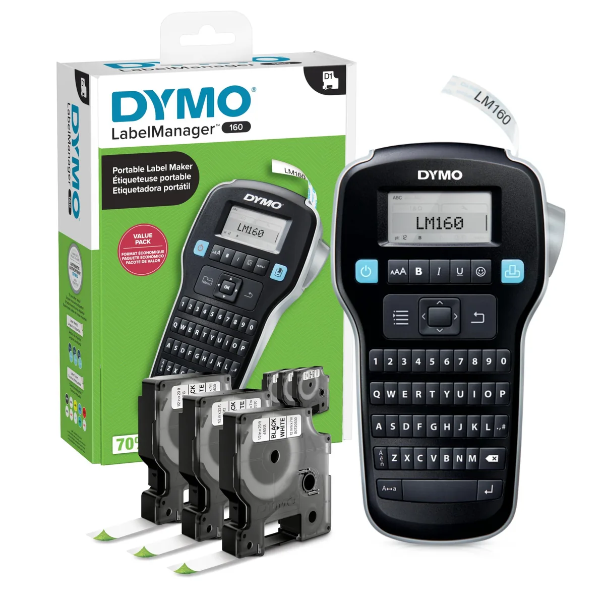 Handheld grey label printer with QWERTY keyboard and three tape cassettes