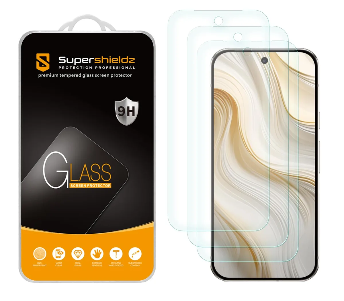 Three clear tempered-glass screen protectors with glossy finish and rounded edges
