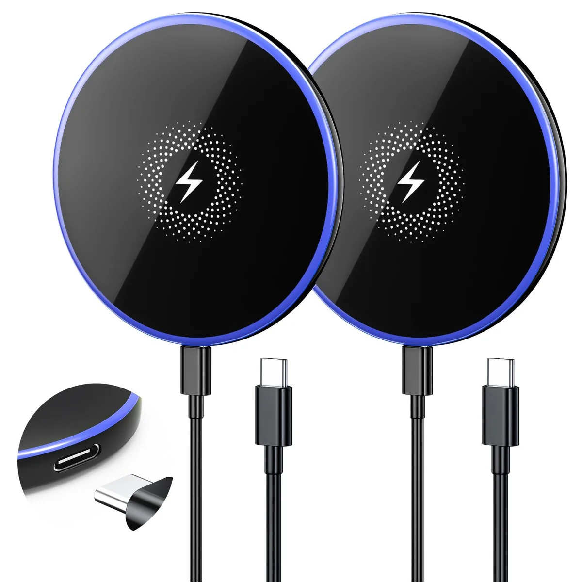 Two slim white magnetic charging pads with long USB-C cables
