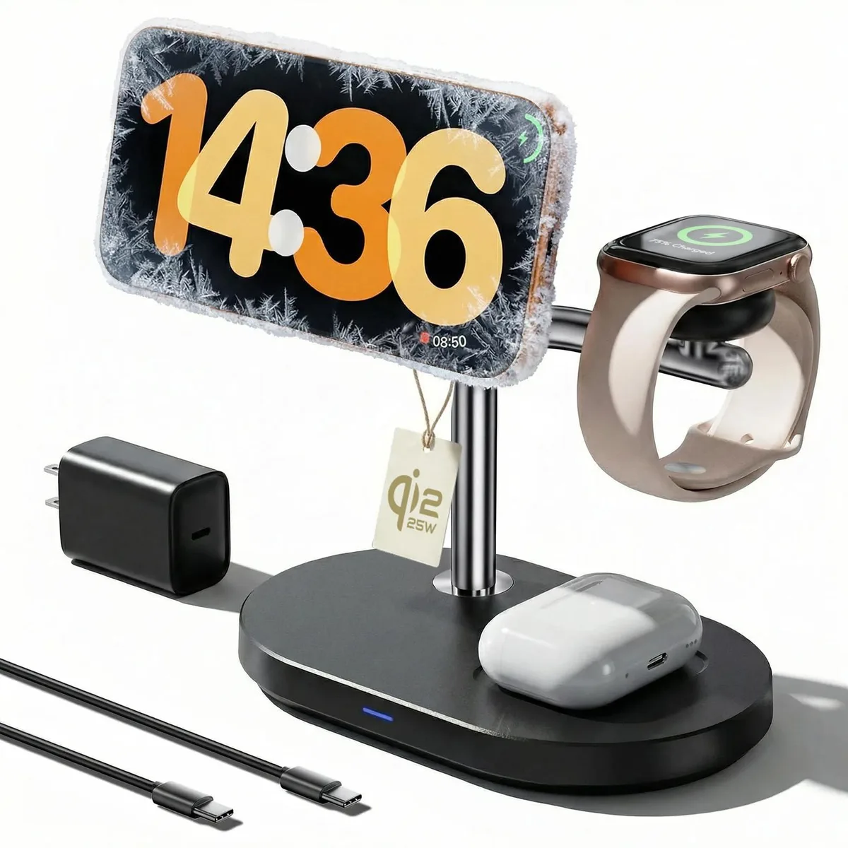 Compact three-in-one wireless charging stand with zinc-alloy frame, dot-matrix texture, phone cooling vent, watch and earbud pads
