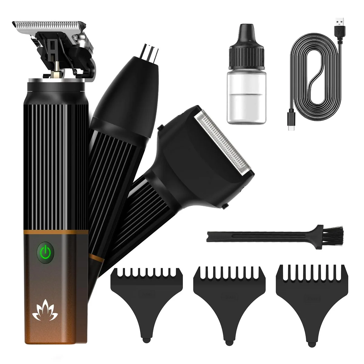 Black cordless grooming kit with three interchangeable heads and charging stand