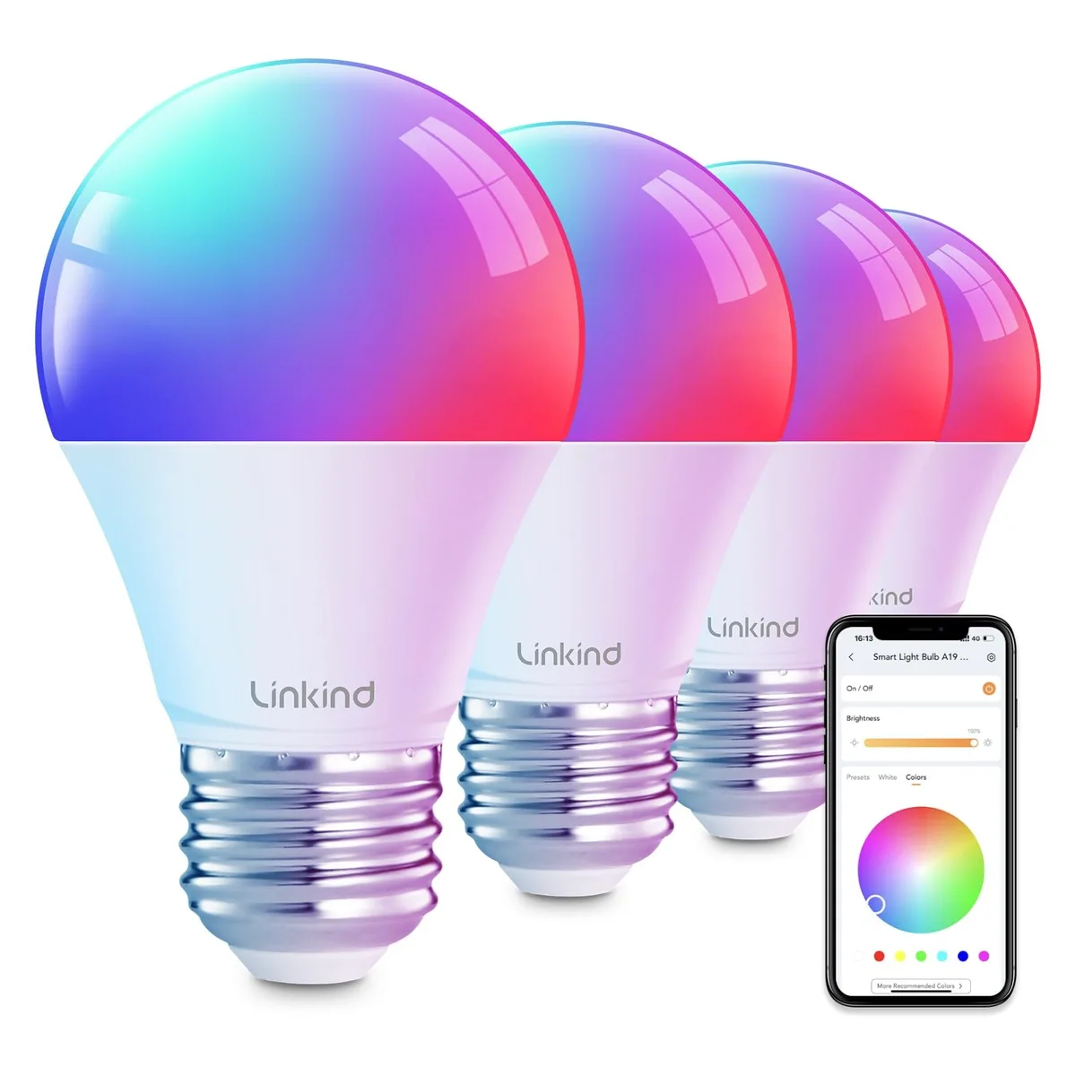 Linkind LS01017116 A19 E26 RGBTW 60W 800LM 104 Scene 2.4G WiFi Bluetooth 4Pack — product photo