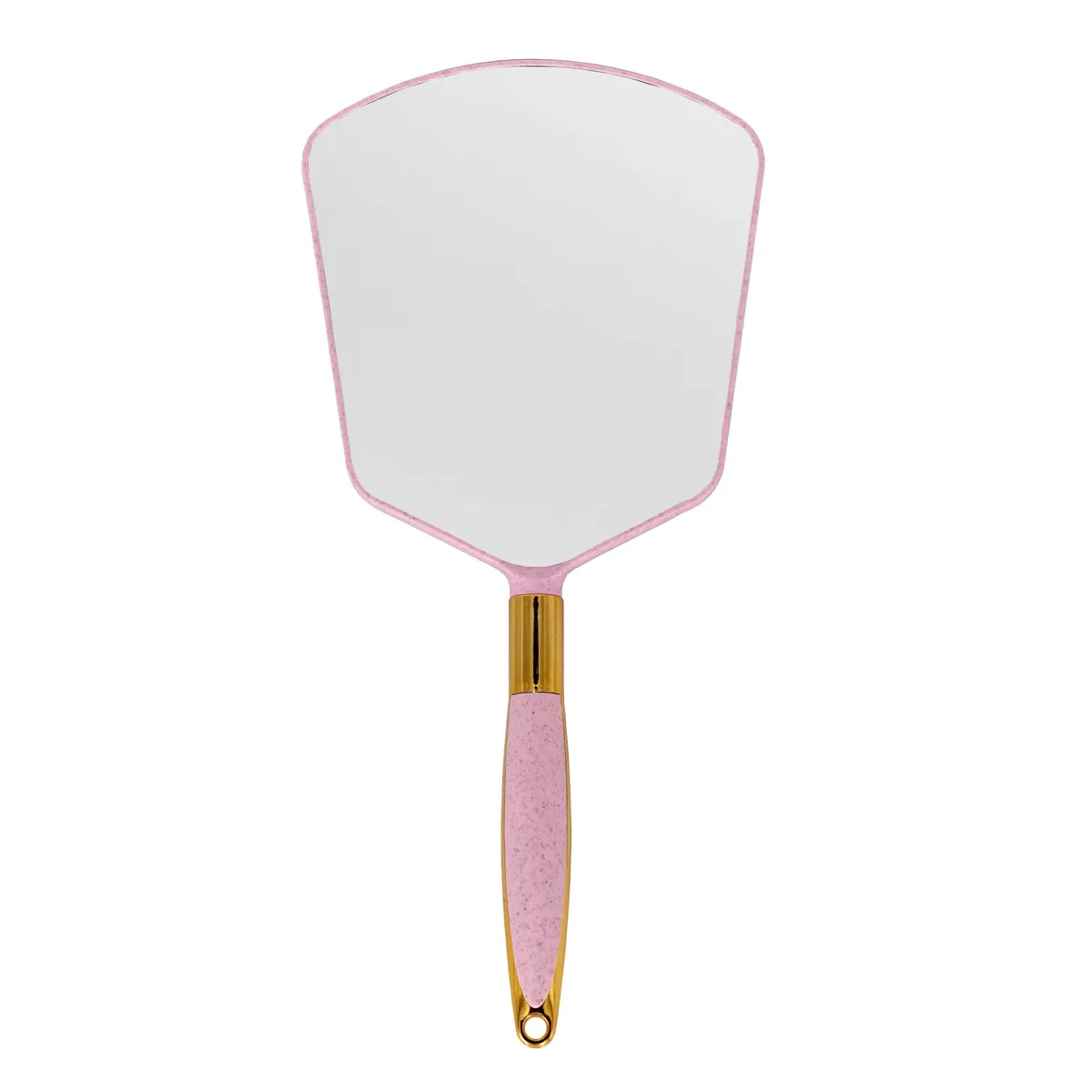 Pink square handheld mirror with handle, 13 by 5.1 inches