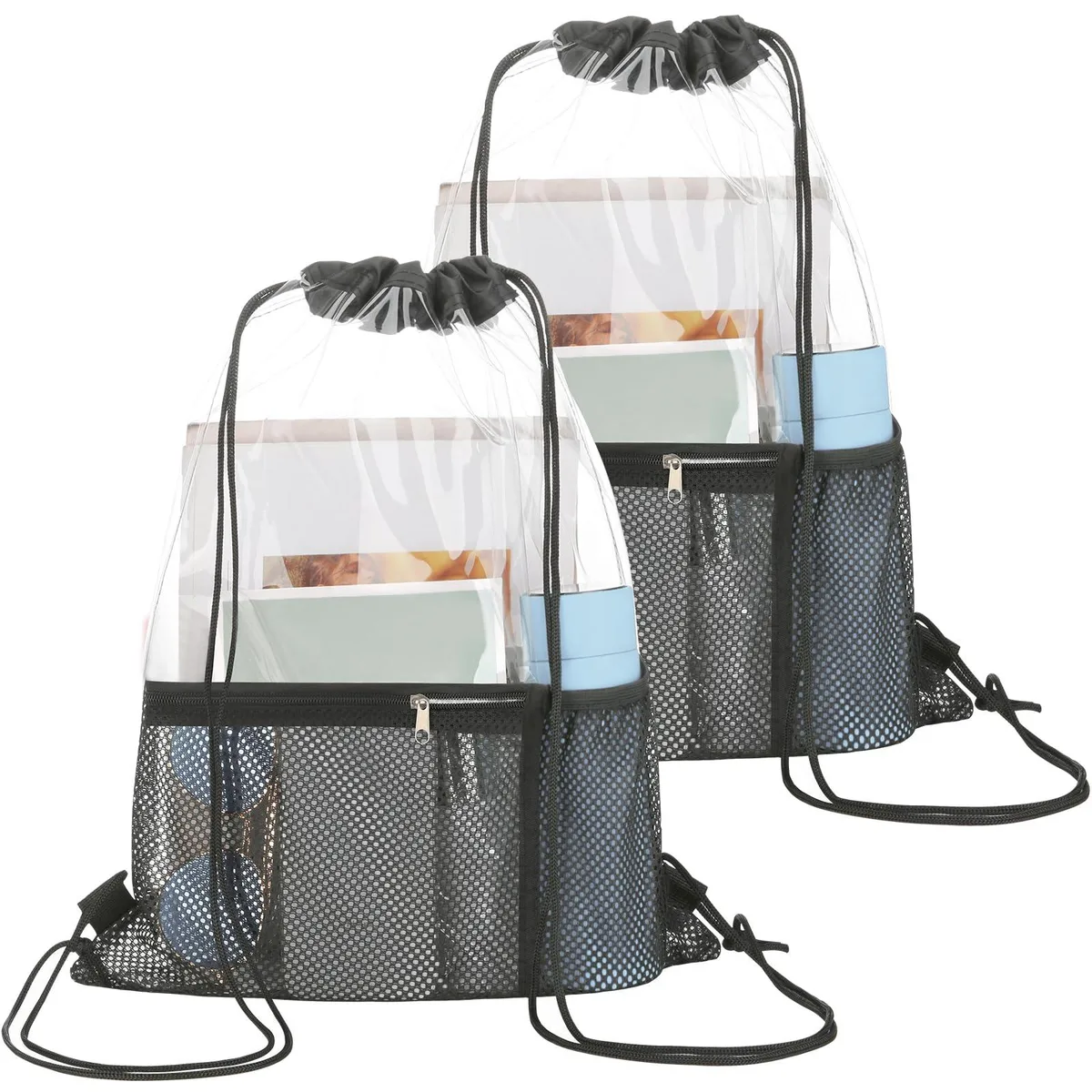 Two transparent PVC drawstring backpacks in black, 17.7 by 13.3 inches, with front mesh and bottle pockets