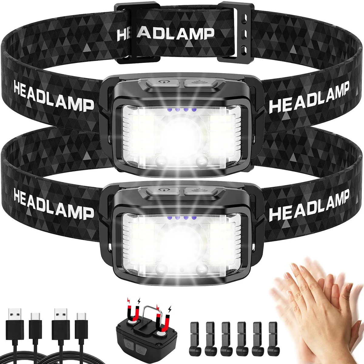 Two lightweight headlamps with adjustable straps and magnetic bases
