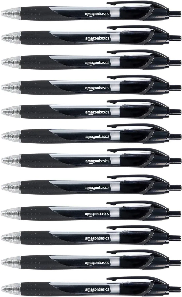Twelve black retractable gel pens with rubber grips and pocket clips