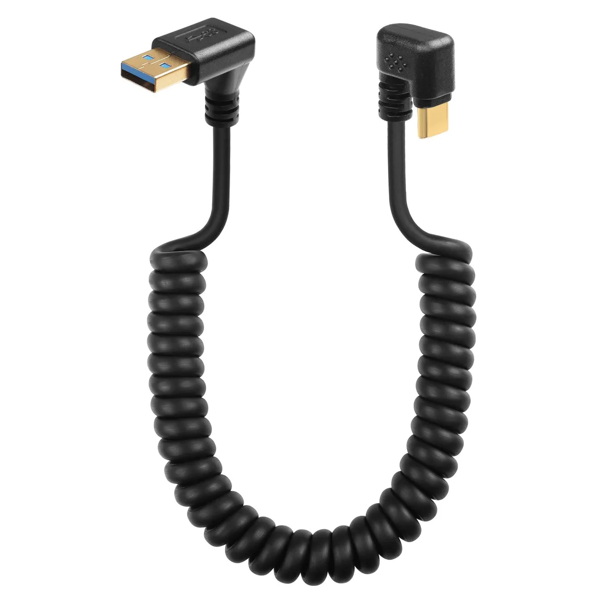Coiled U-shaped USB-C cable with 90-degree connector, extends from .4 to 1.3 metres