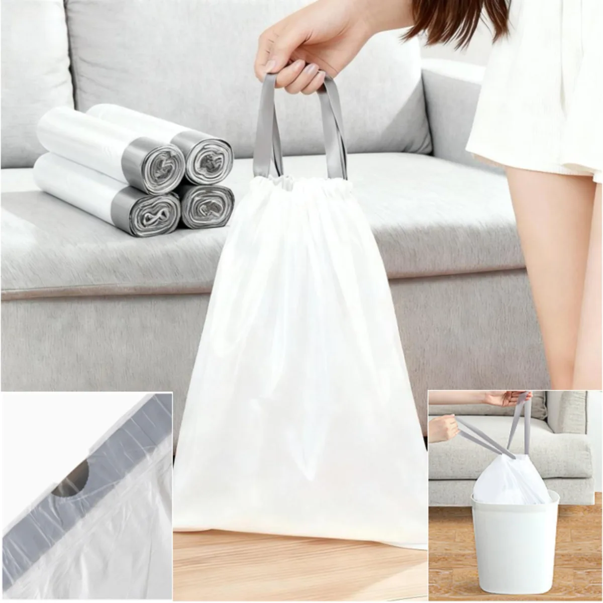 Pack of 100 white polyethylene 4 gallon trash bags with handles on four rolls