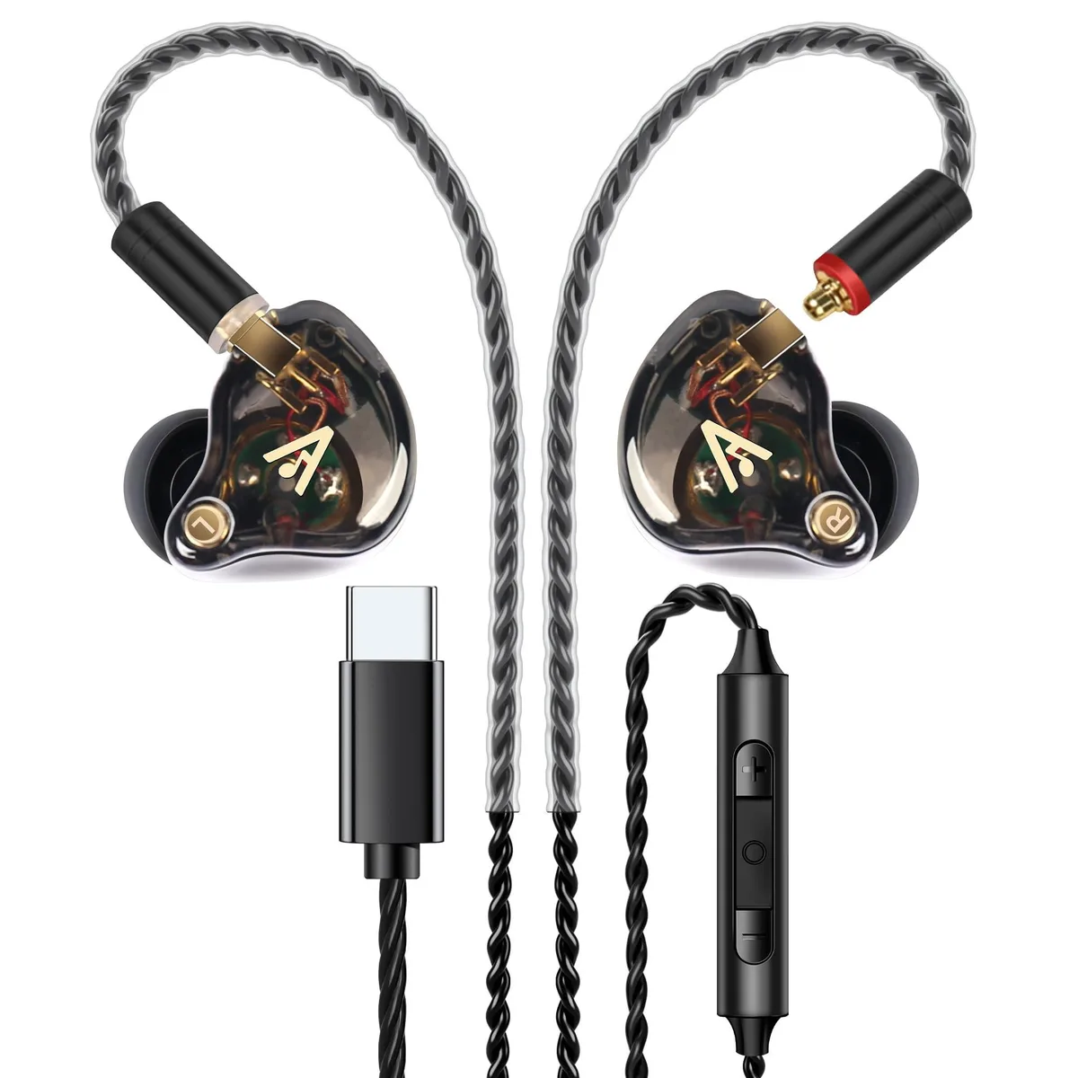 Black in-ear buds with silver-plated braided cable and USB-C plug
