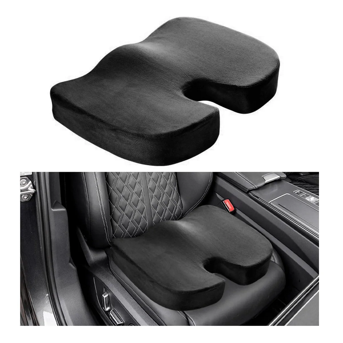 Black memory foam seat cushion with breathable mesh cover, rectangular contoured shape, 10 pack