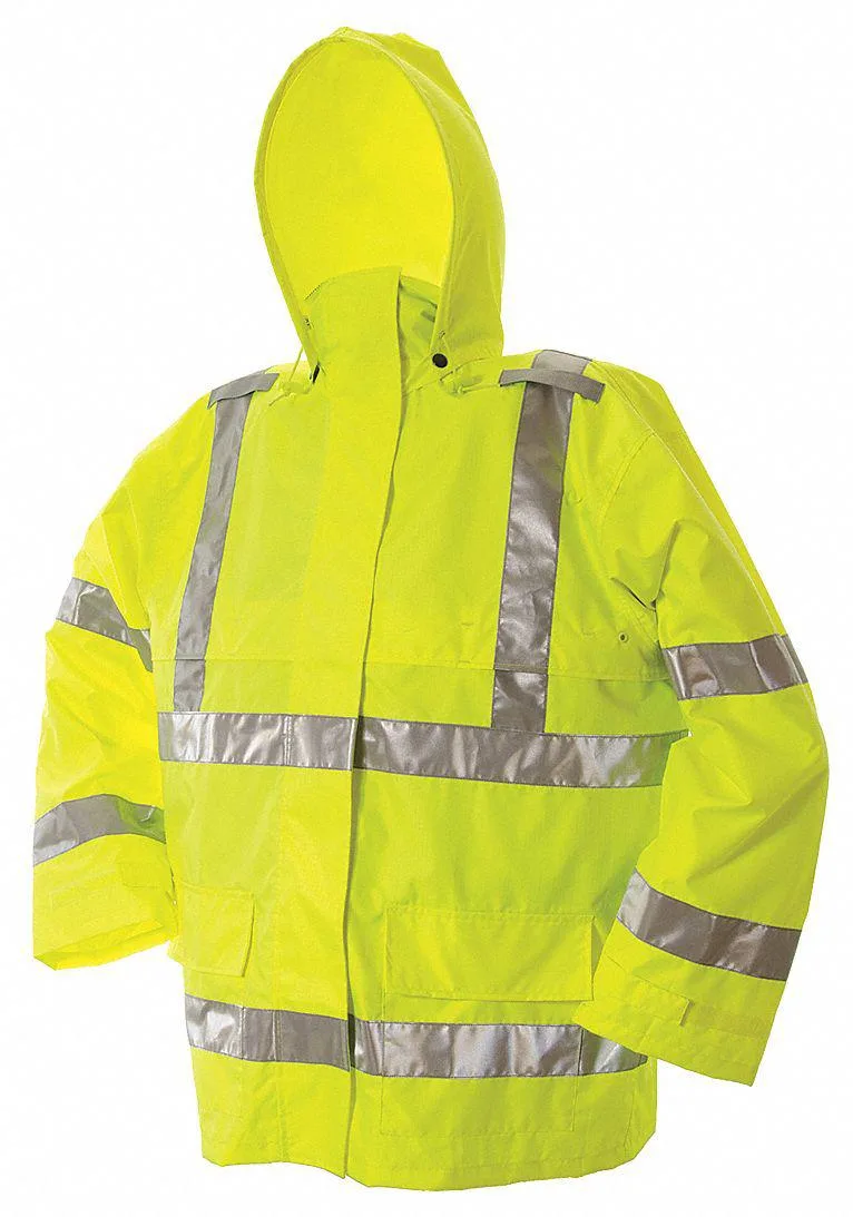 Green hi-viz rain jacket size M with detachable hood and double storm flap closure
