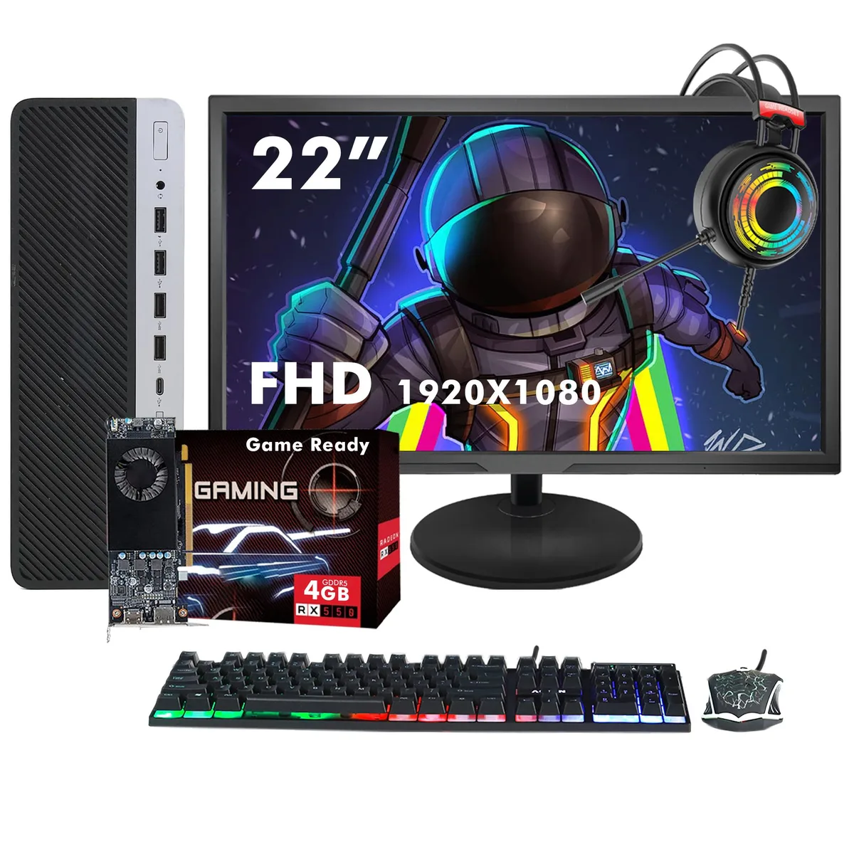 HP HP ProDesk 600 G3 SFF desktop PC, Core i7-6700, 16GB DDR4, 512GB SSD, RX 550, 22" monitor — product photo