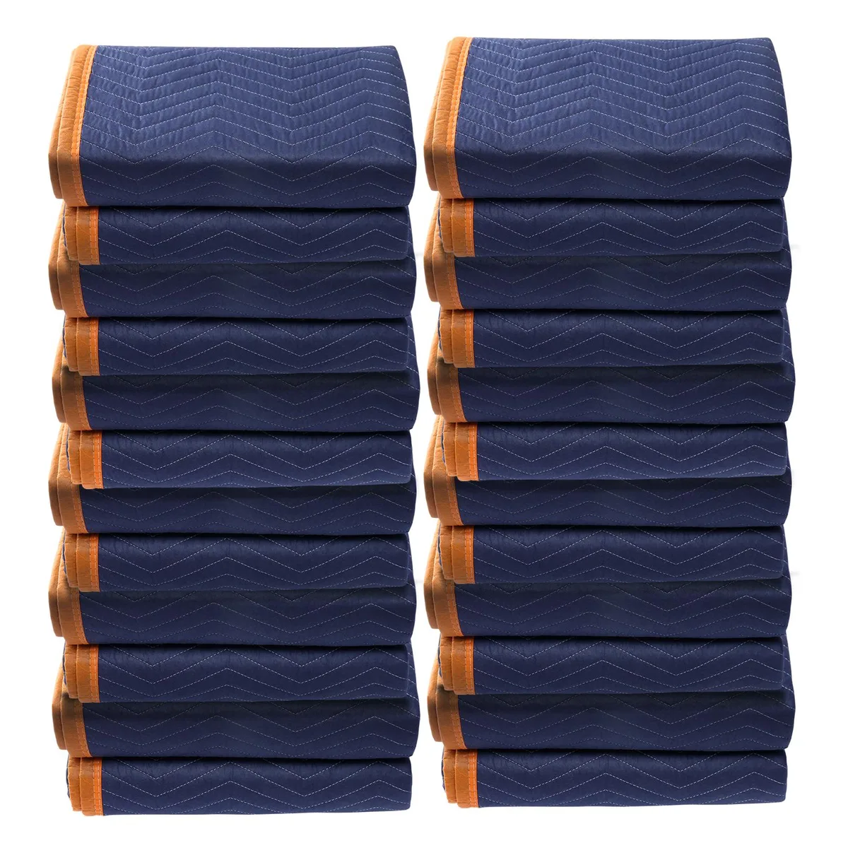 Blue and orange moving blankets folded in a stack of twelve with two elastic bundling bands