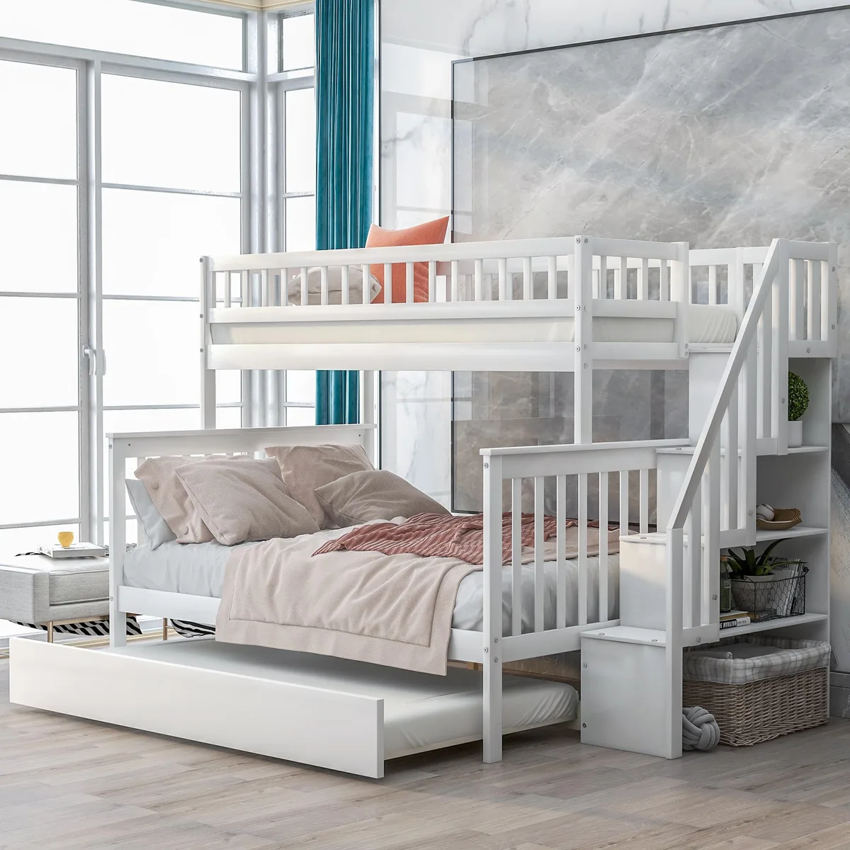 White pine bunk bed twin over full with staircase trundle and storage shelves