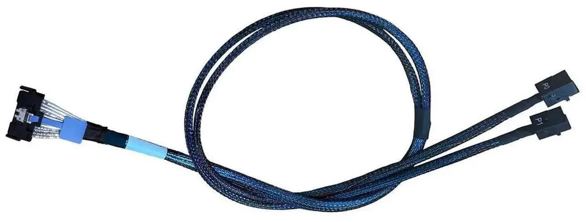 Flat 80cm cable with a wide 74pin MCIO connector splitting into two 36pin MiniSASHD ends