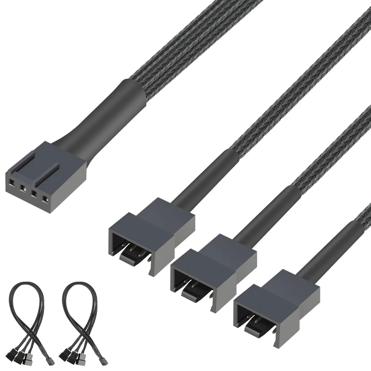 Two black 4-pin PWM fan splitter cables with three connectors each, PVC sleeved, 12.8 inch length