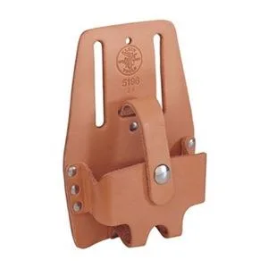 Tan leather tool holster with snap closure and cut-out sides