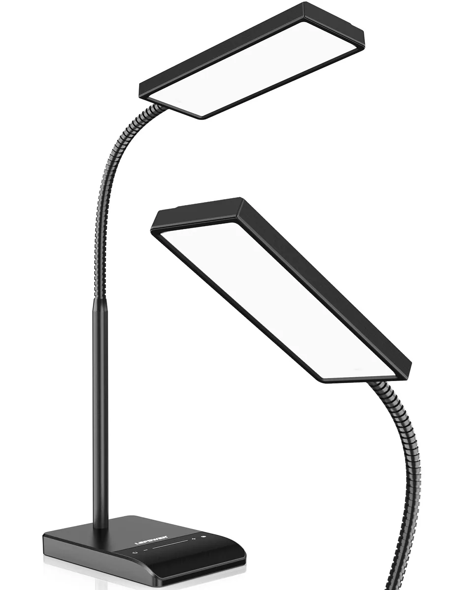 Black rectangular LED desk lamp with flexible metal gooseneck and touch control panel